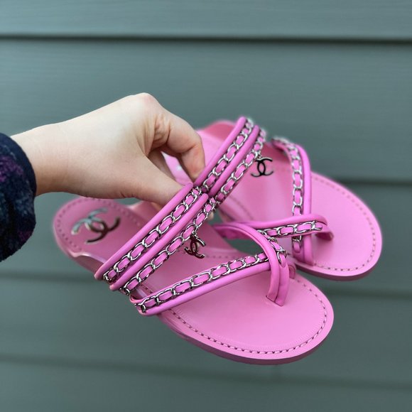 19C 35C Pink Purple Chain Detail CC logo Thong Sandals Flats C875 - Picture 16 of 17